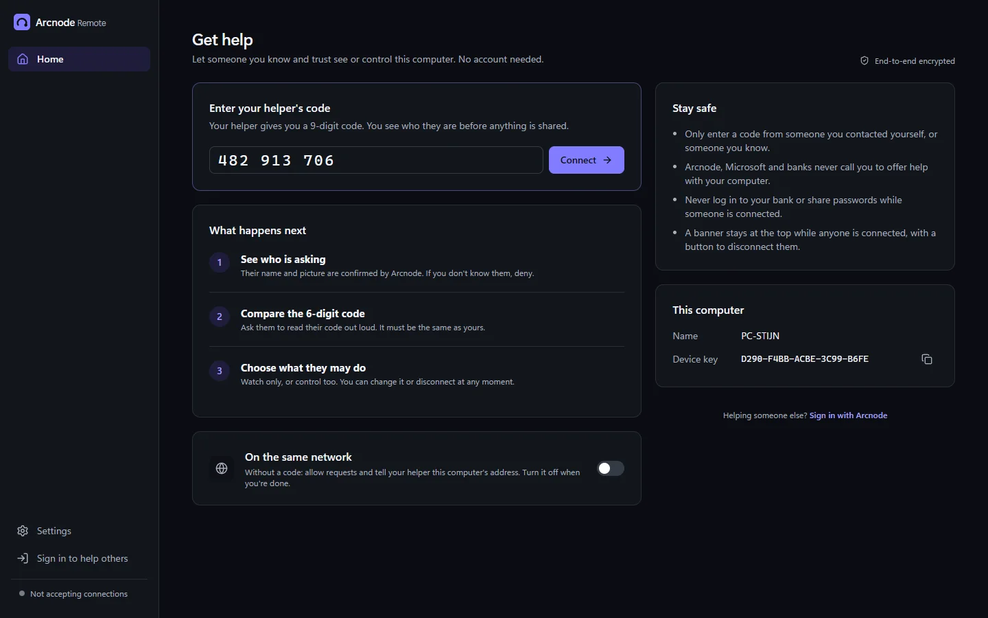 The Get help screen: a field for the helper's 9-digit code, what happens next, and how to stay safe