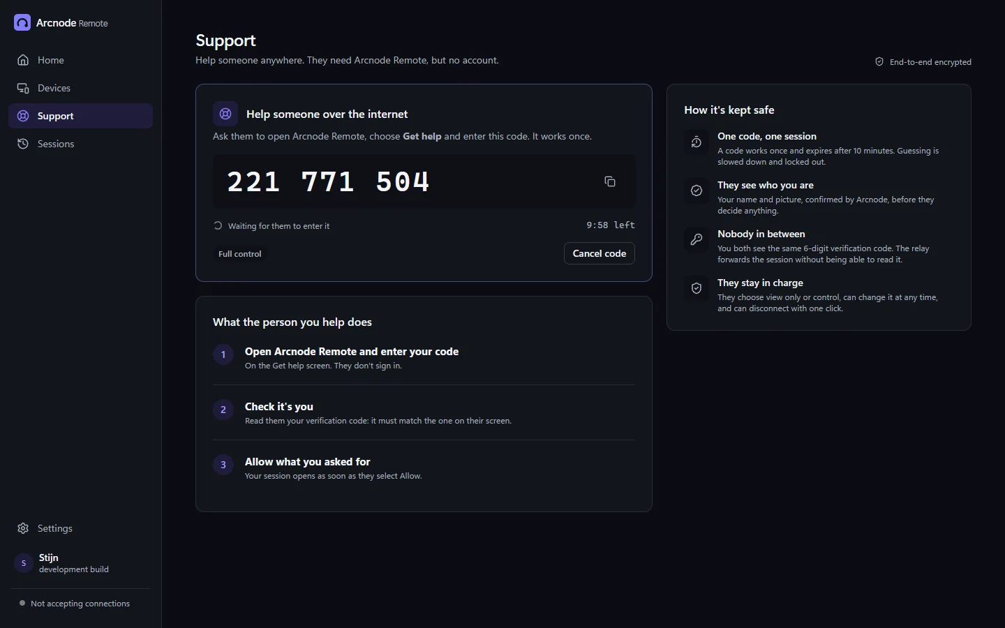The helper's Support screen: a 9-digit code with 9:58 left, waiting for the other person to enter it